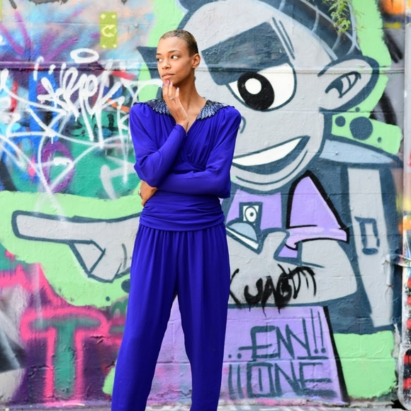 80s blue chiffon jumpsuit with beaded shoulders - Picture 2 of 8